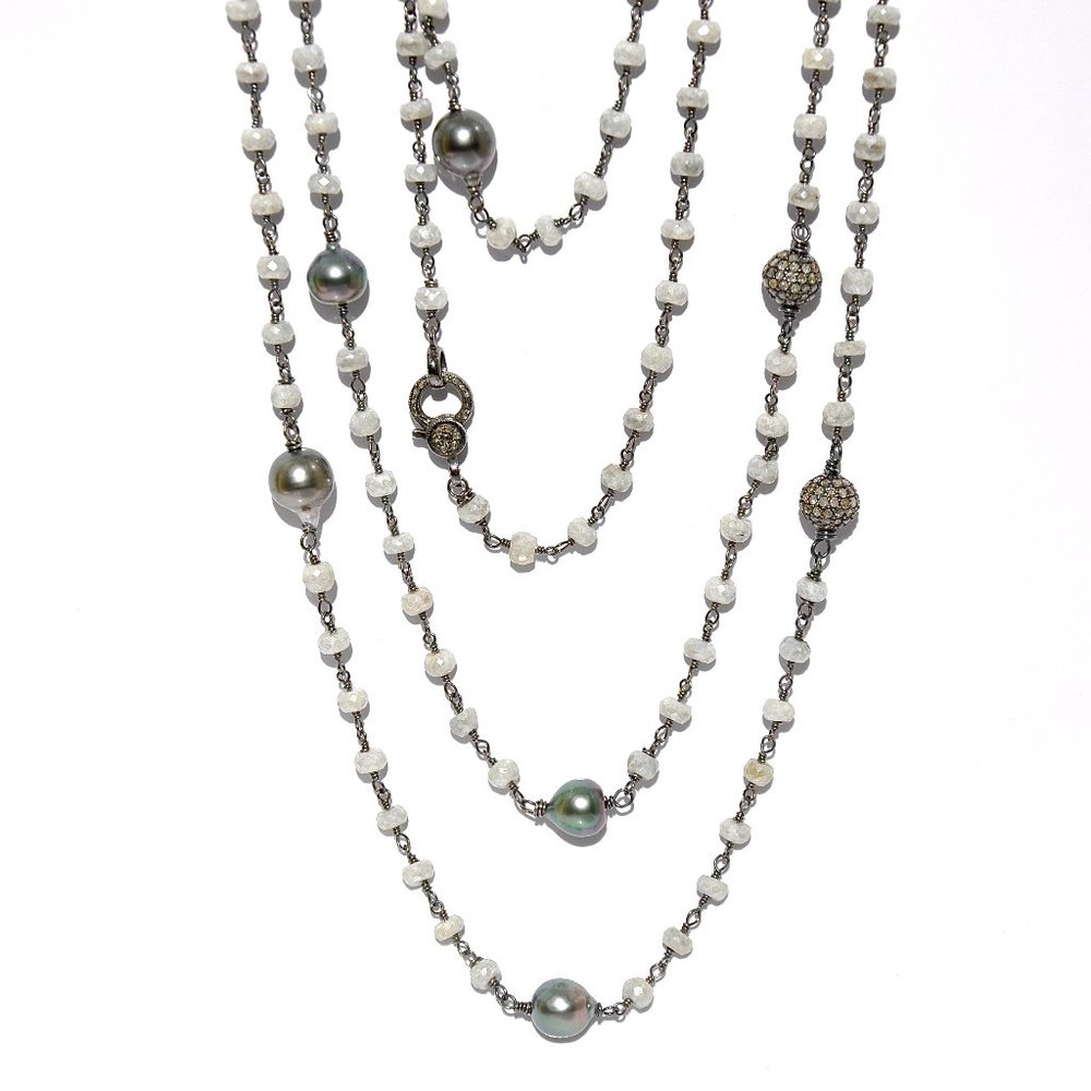 Tahitian Pearl & Diamond Station Long White Sapphire Necklace